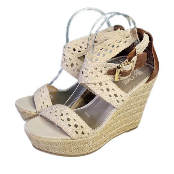 Brash Neutral Beige Ivory Crochet Straps Wedge Espadrille Sandals sz 9 - Picture 2 of 8